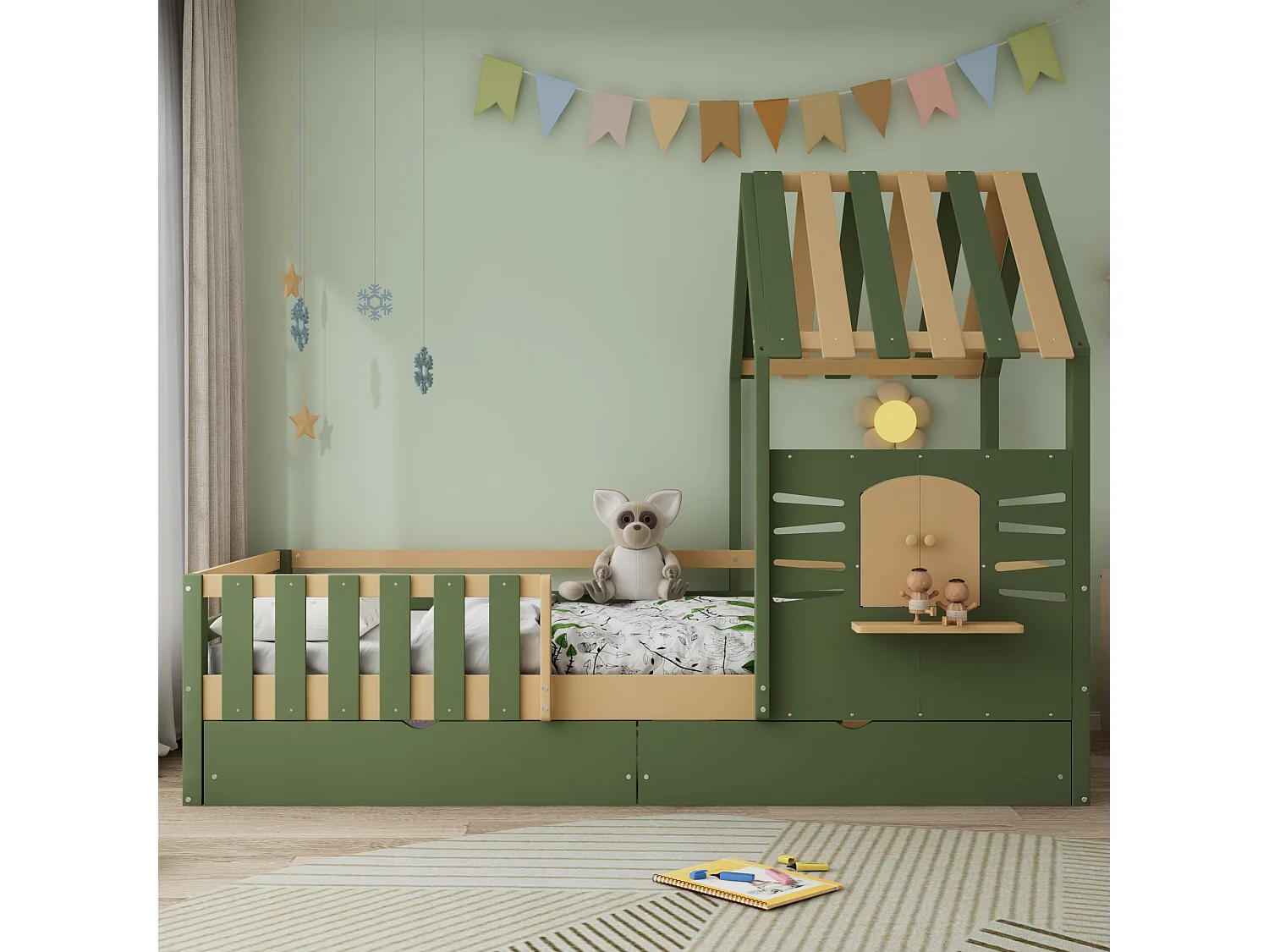 Children's bed 90x190 cm - with roof and window - with fence - with 2 drawers - solid wood + MDF - green + natural