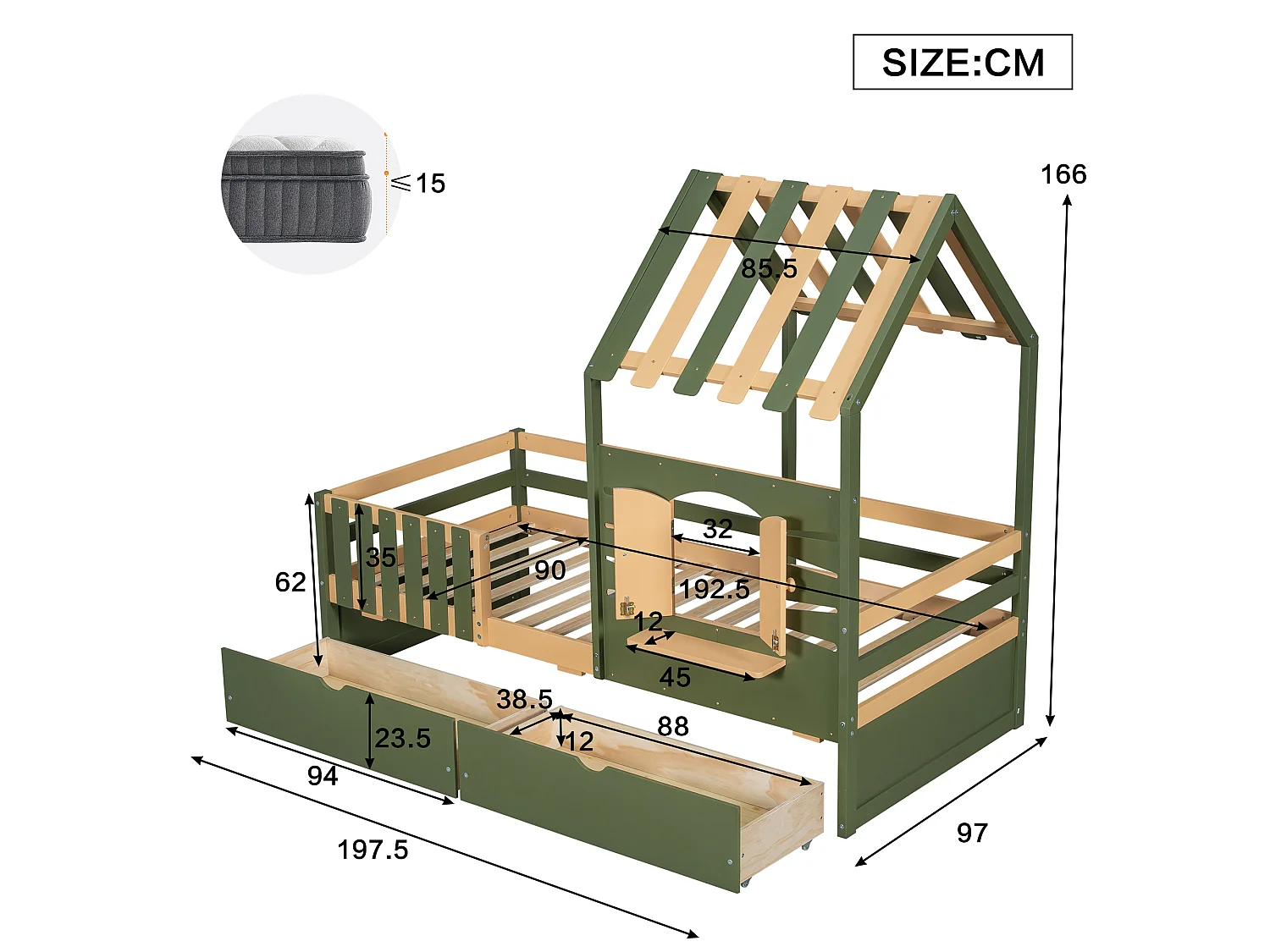 Children's bed 90x190 cm - with roof and window - with fence - with 2 drawers - solid wood + MDF - green + natural