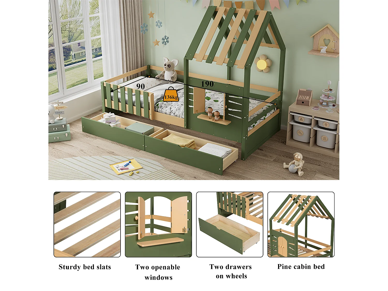 Children's bed 90x190 cm - with roof and window - with fence - with 2 drawers - solid wood + MDF - green + natural