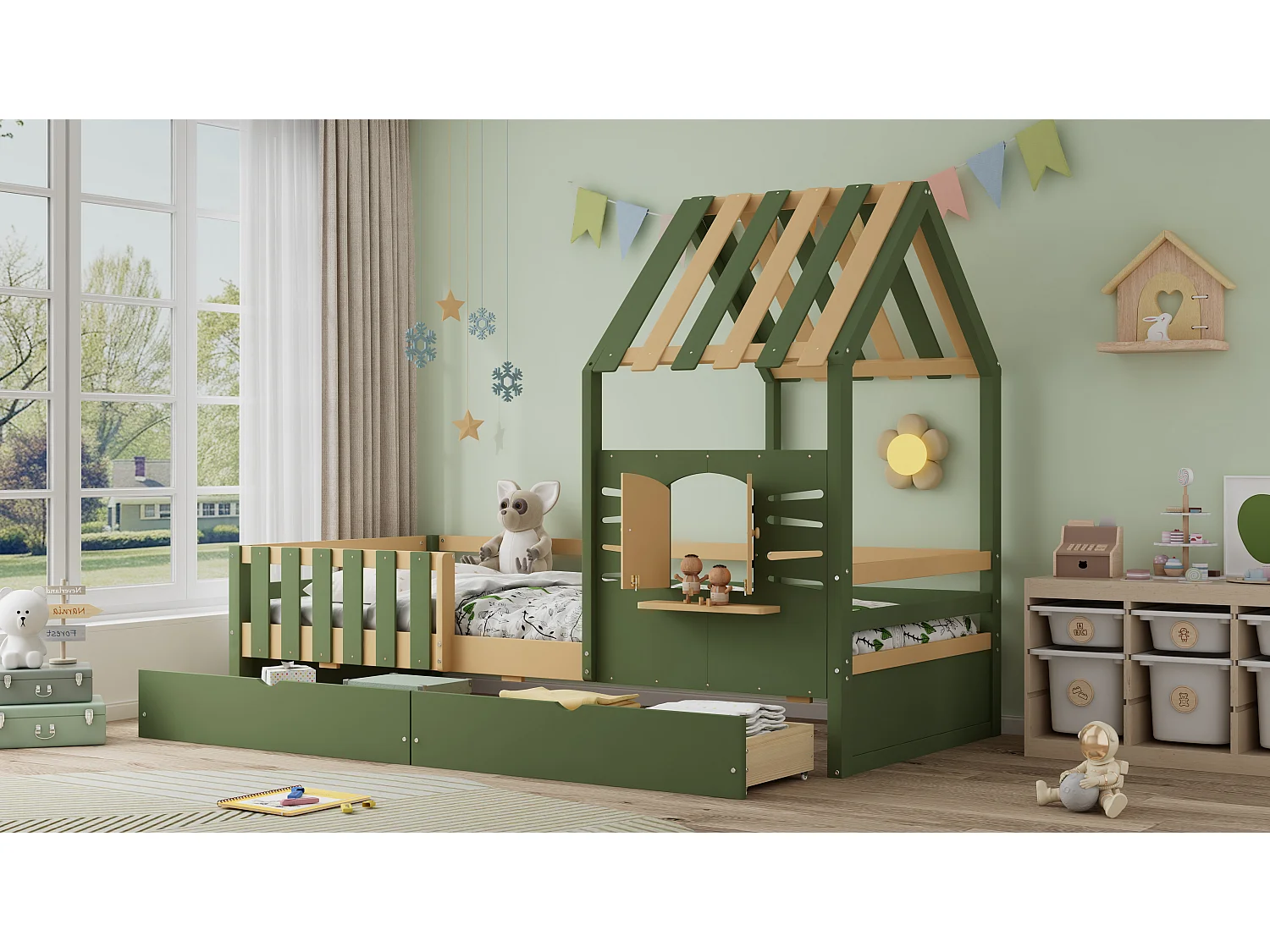 Children's bed 90x190 cm - with roof and window - with fence - with 2 drawers - solid wood + MDF - green + natural