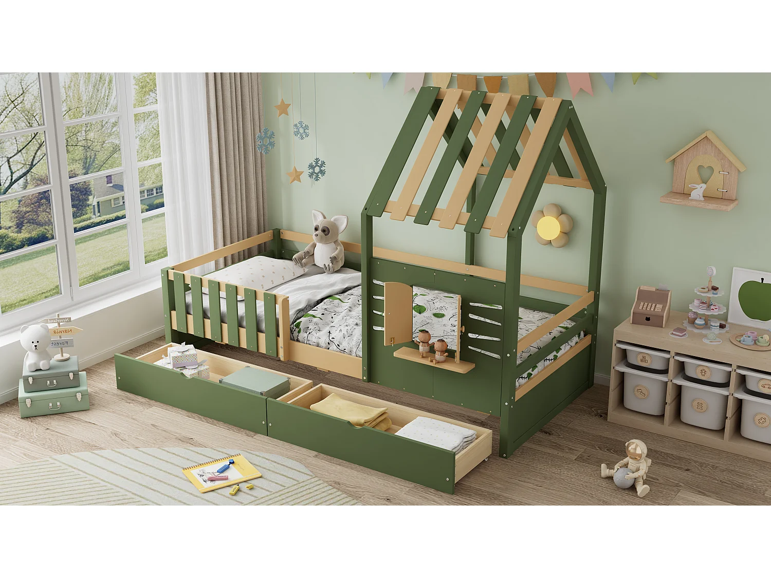 Children's bed 90x190 cm - with roof and window - with fence - with 2 drawers - solid wood + MDF - green + natural