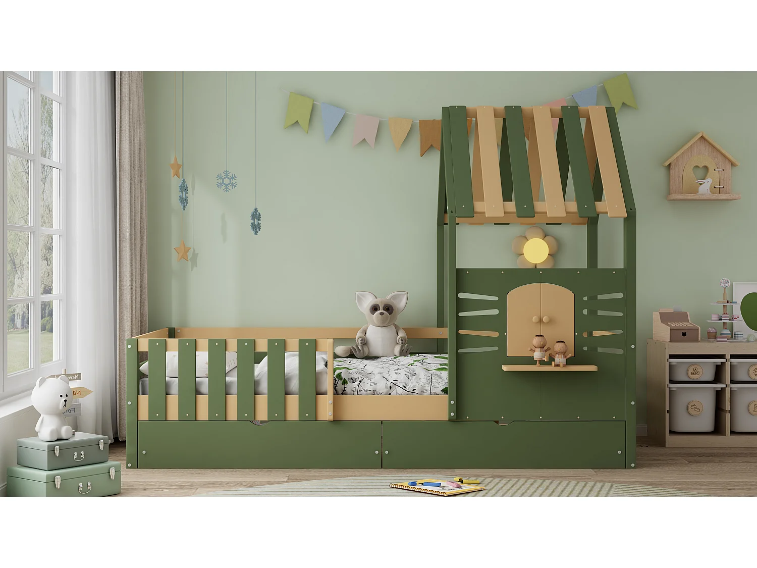 Children's bed 90x190 cm - with roof and window - with fence - with 2 drawers - solid wood + MDF - green + natural