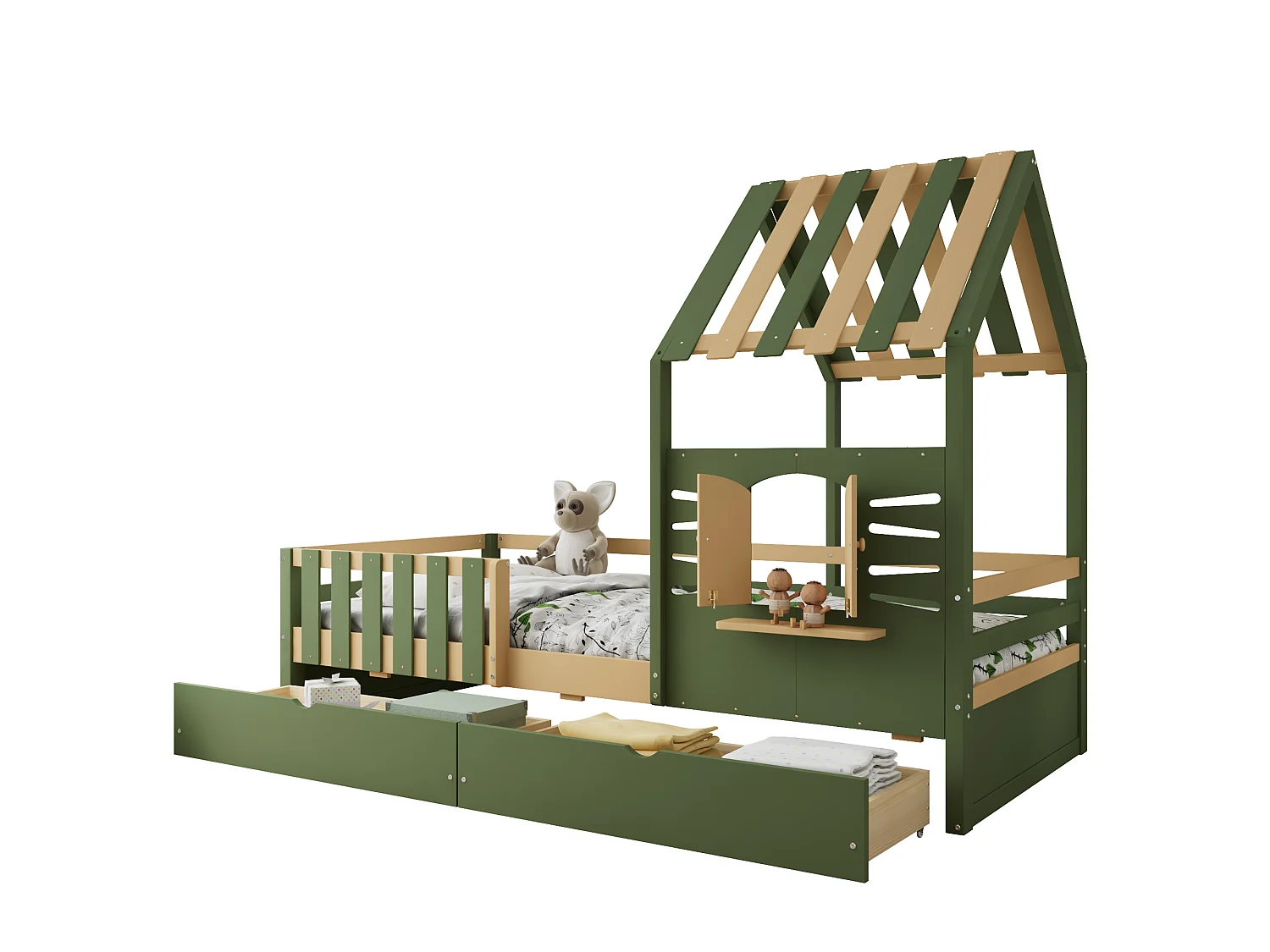 Children's bed 90x190 cm - with roof and window - with fence - with 2 drawers - solid wood + MDF - green + natural