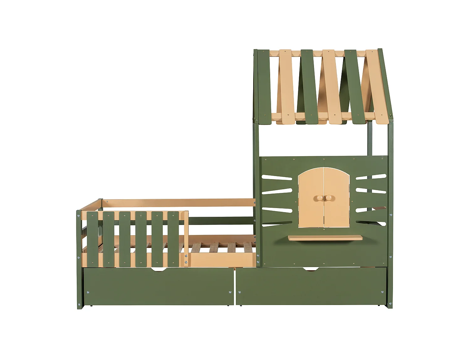 Children's bed 90x190 cm - with roof and window - with fence - with 2 drawers - solid wood + MDF - green + natural
