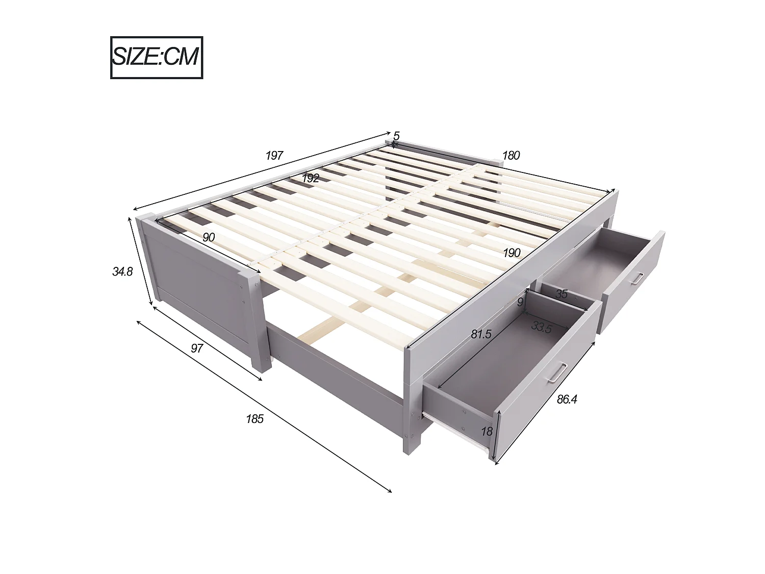 Canapé-lit extensible en bois 180 x 190 cm - avec 2 tiroirs - avec sommier à lattes - gris (matelas non inclus)