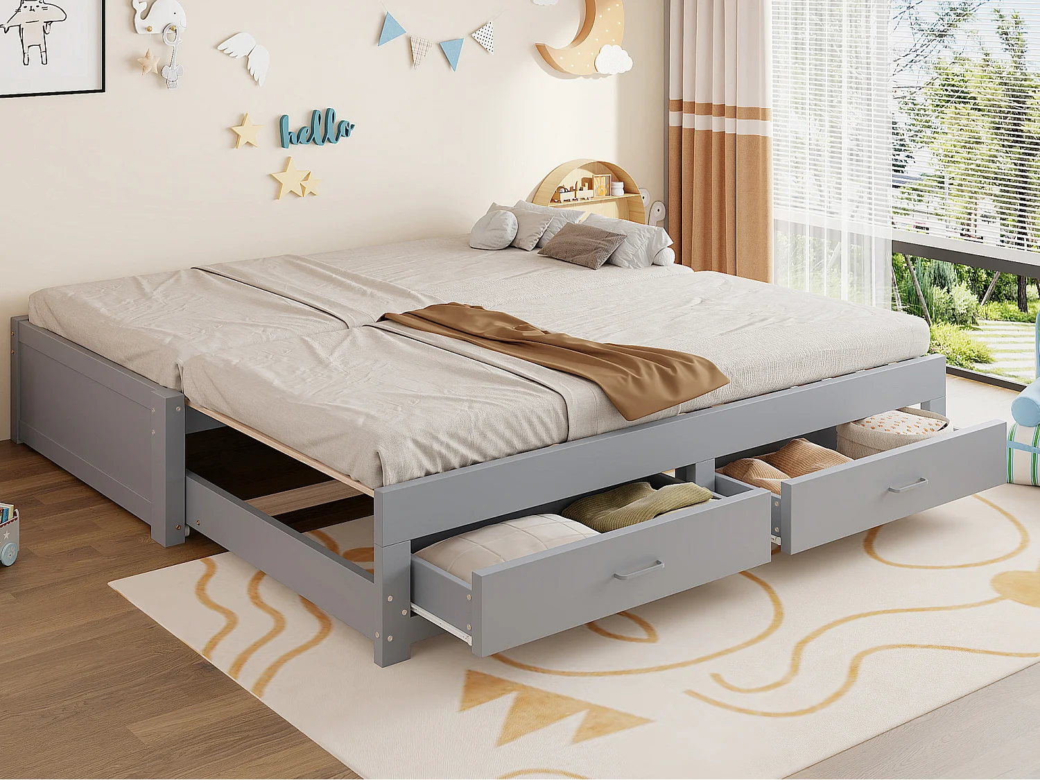 Canapé-lit extensible en bois 180 x 190 cm - avec 2 tiroirs - avec sommier à lattes - gris (matelas non inclus)