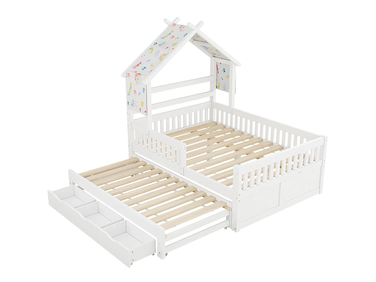 Lit cabane 140 x 200 cm avec lit gigogne 90x190 cm et 3 tiroirs - Blanc