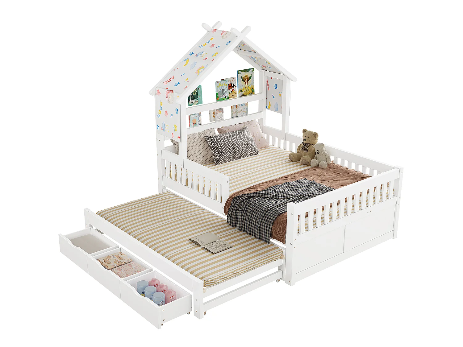 Lit cabane 140 x 200 cm avec lit gigogne 90x190 cm et 3 tiroirs - Blanc