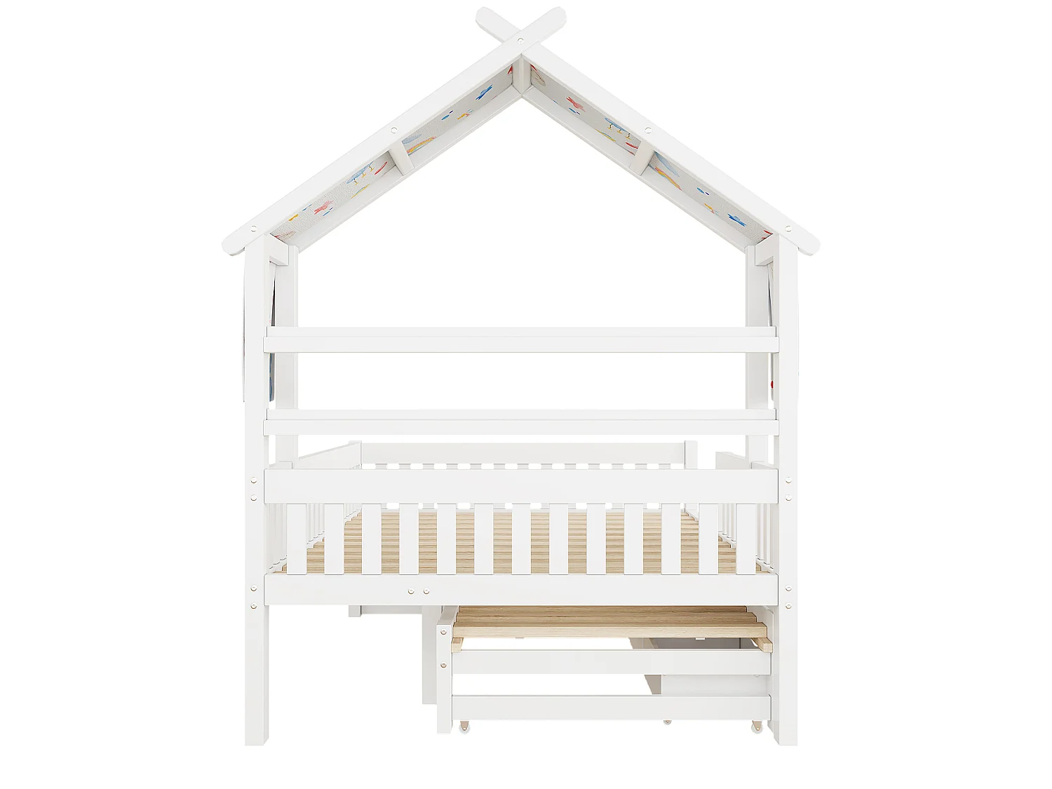 Lit cabane 140 x 200 cm avec lit gigogne 90x190 cm et 3 tiroirs - Blanc
