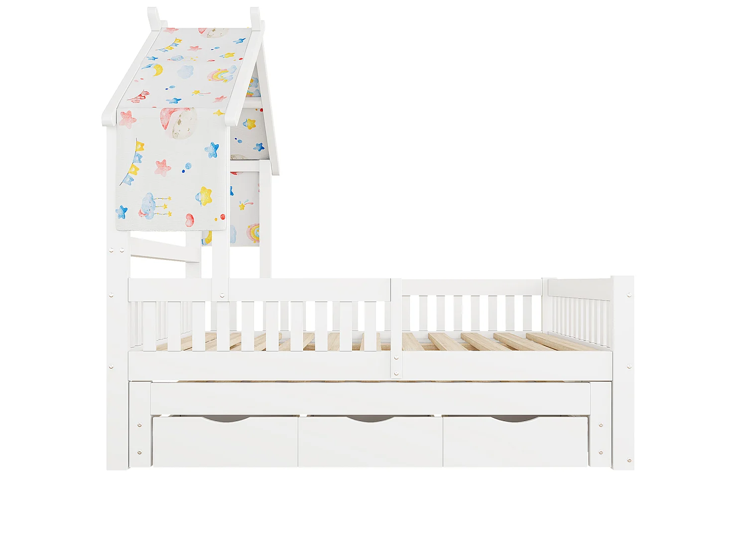 Lit cabane 140 x 200 cm avec lit gigogne 90x190 cm et 3 tiroirs - Blanc