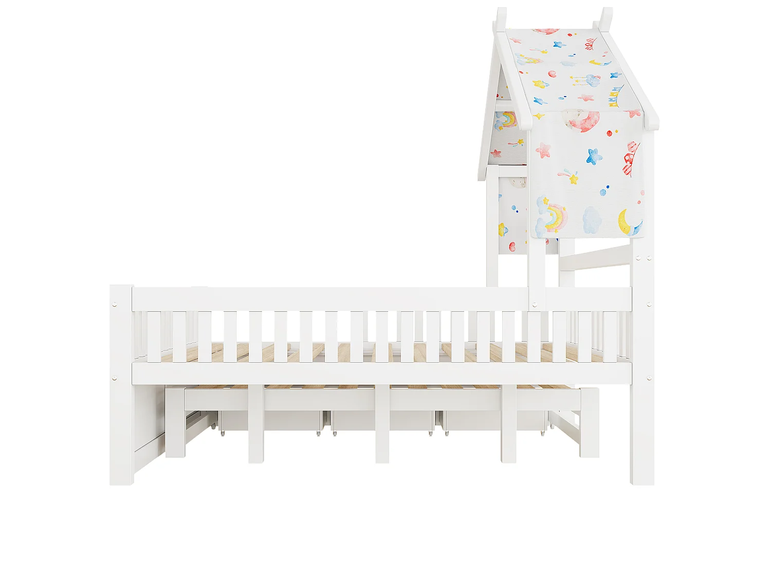 Lit cabane 140 x 200 cm avec lit gigogne 90x190 cm et 3 tiroirs - Blanc