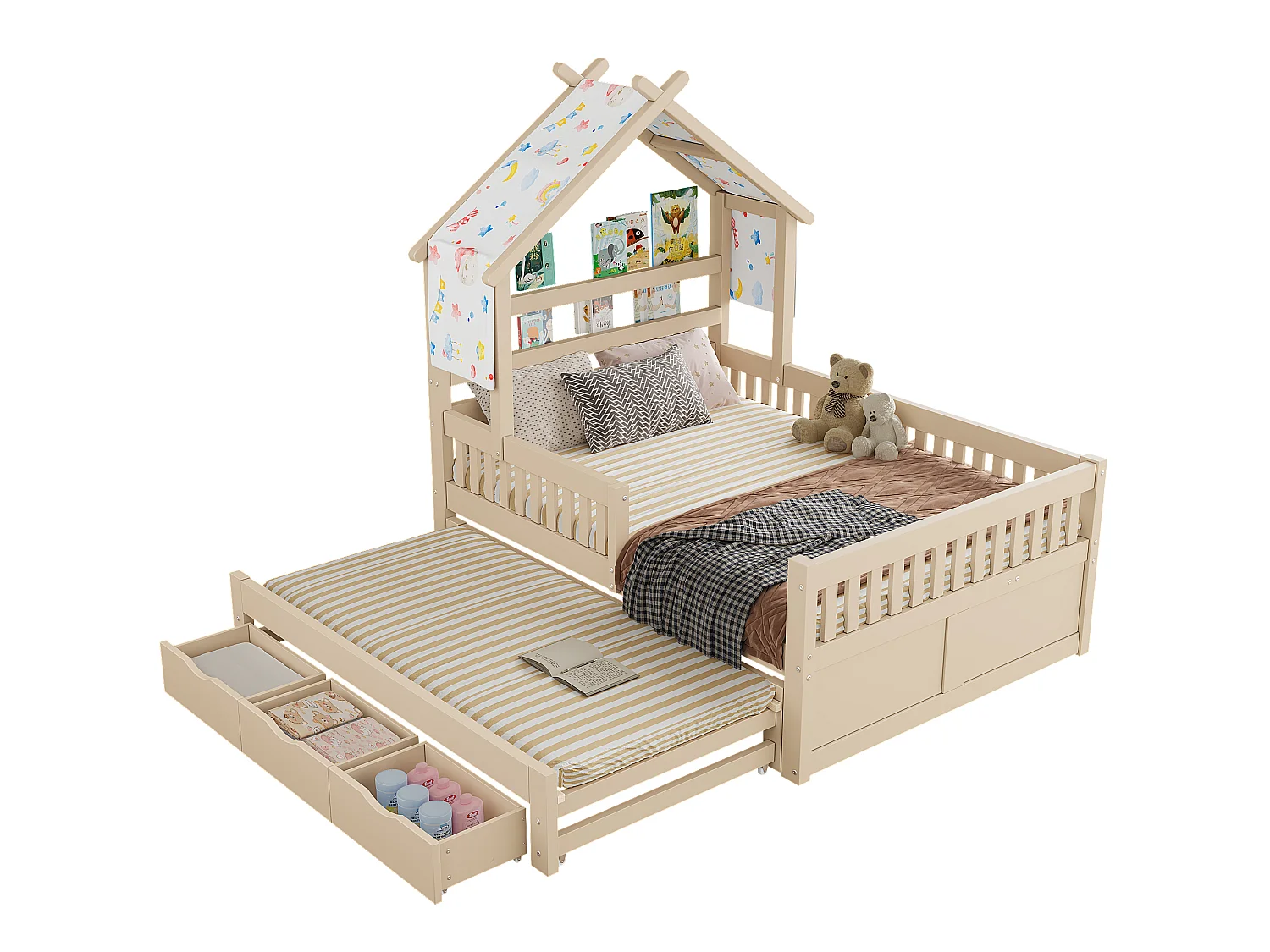 Lit cabane 140 x 200 cm avec lit gigogne 90x190 cm et 3 tiroirs - Couleur bois
