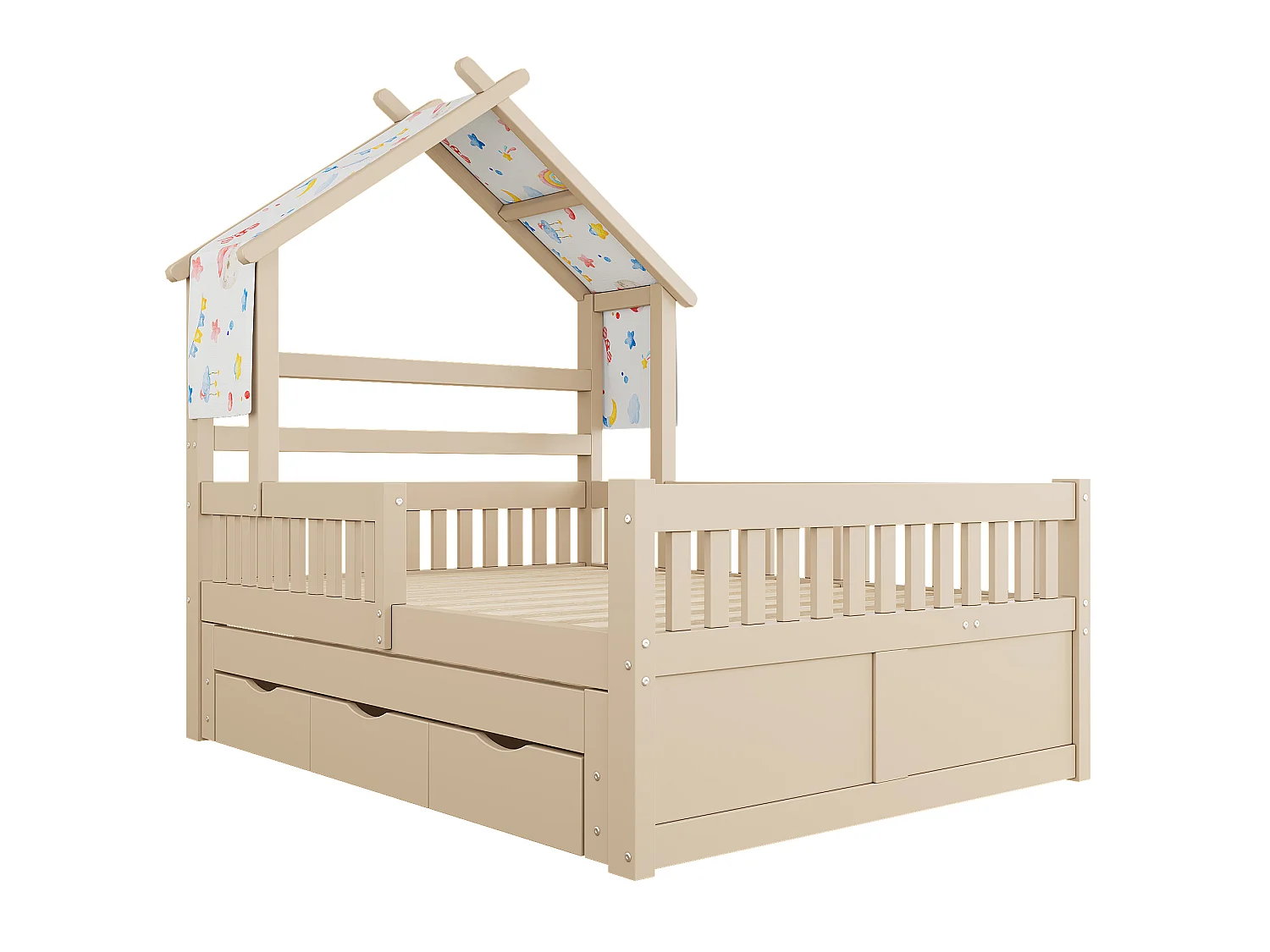 Lit cabane 140 x 200 cm avec lit gigogne 90x190 cm et 3 tiroirs - Couleur bois
