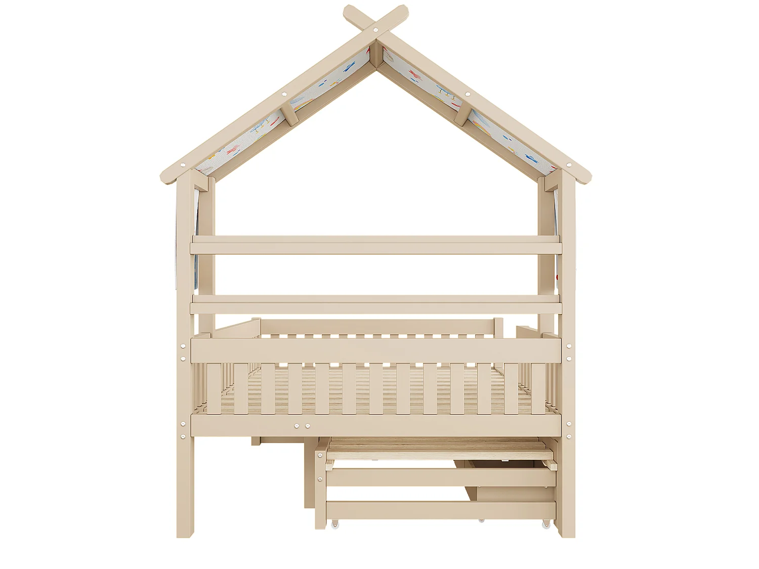 Lit cabane 140 x 200 cm avec lit gigogne 90x190 cm et 3 tiroirs - Couleur bois