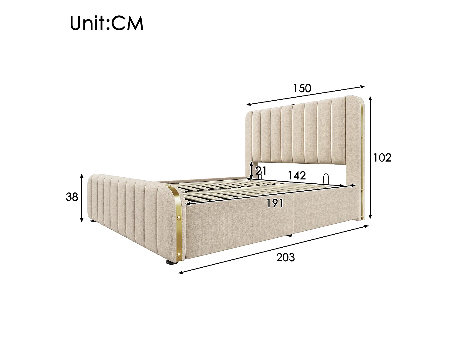 Lit coffre 140x190cm en tissu lin - avec recharge USB & Type-C - décoré de bandes dorées - Beige(matelas non inclus)