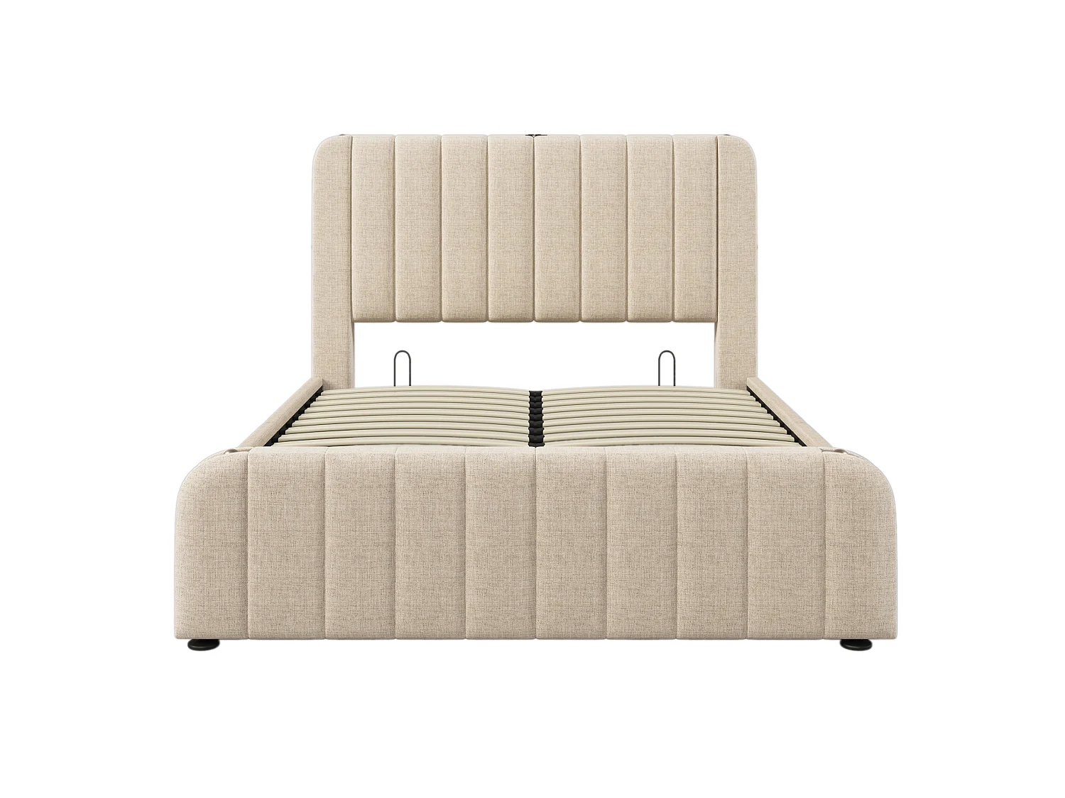 Lit coffre 140x190cm en tissu lin - avec recharge USB & Type-C - décoré de bandes dorées - Beige(matelas non inclus)