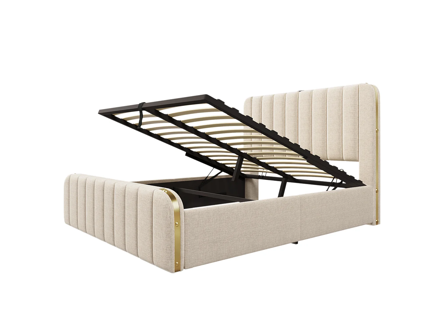 Lit coffre 140x190cm en tissu lin - avec recharge USB & Type-C - décoré de bandes dorées - Beige(matelas non inclus)