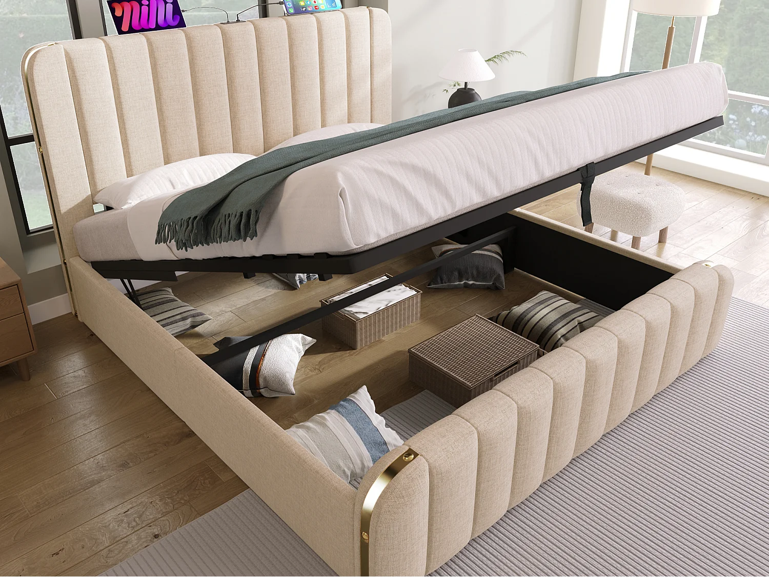 Lit coffre 140x190cm en tissu lin - avec recharge USB & Type-C - décoré de bandes dorées - Beige(matelas non inclus)