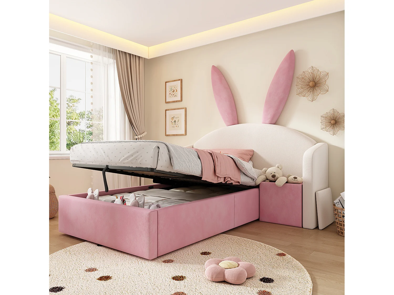 Upholstered storage bed 90x190 cm - with bedside table - rabbit ear headboard - velvet - pink + beige (without mattress)