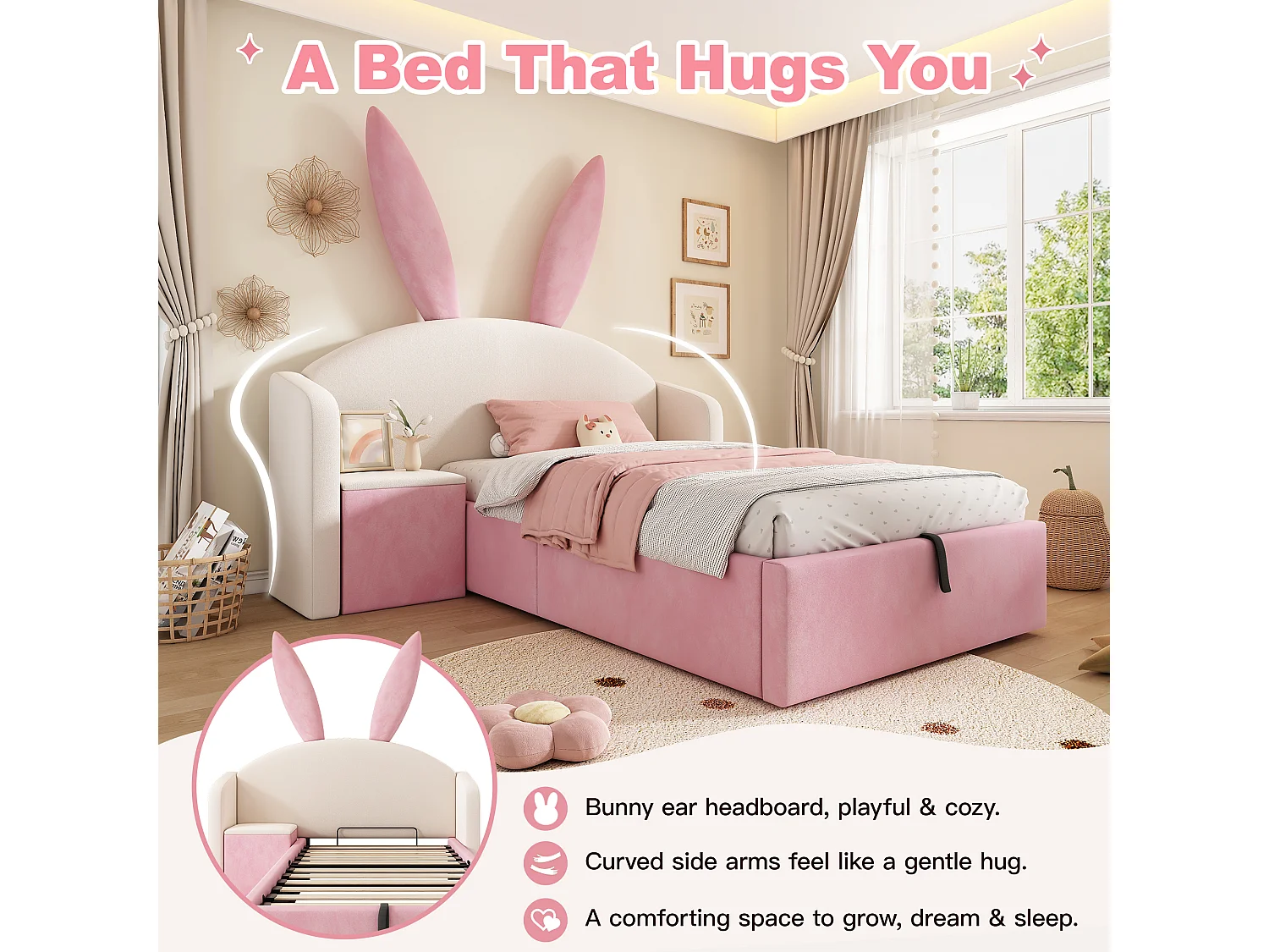 Upholstered storage bed 90x190 cm - with bedside table - rabbit ear headboard - velvet - pink + beige (without mattress)