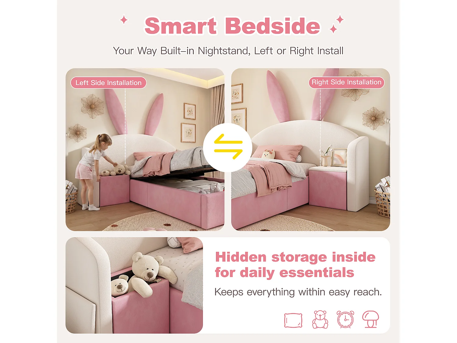 Upholstered storage bed 90x190 cm - with bedside table - rabbit ear headboard - velvet - pink + beige (without mattress)