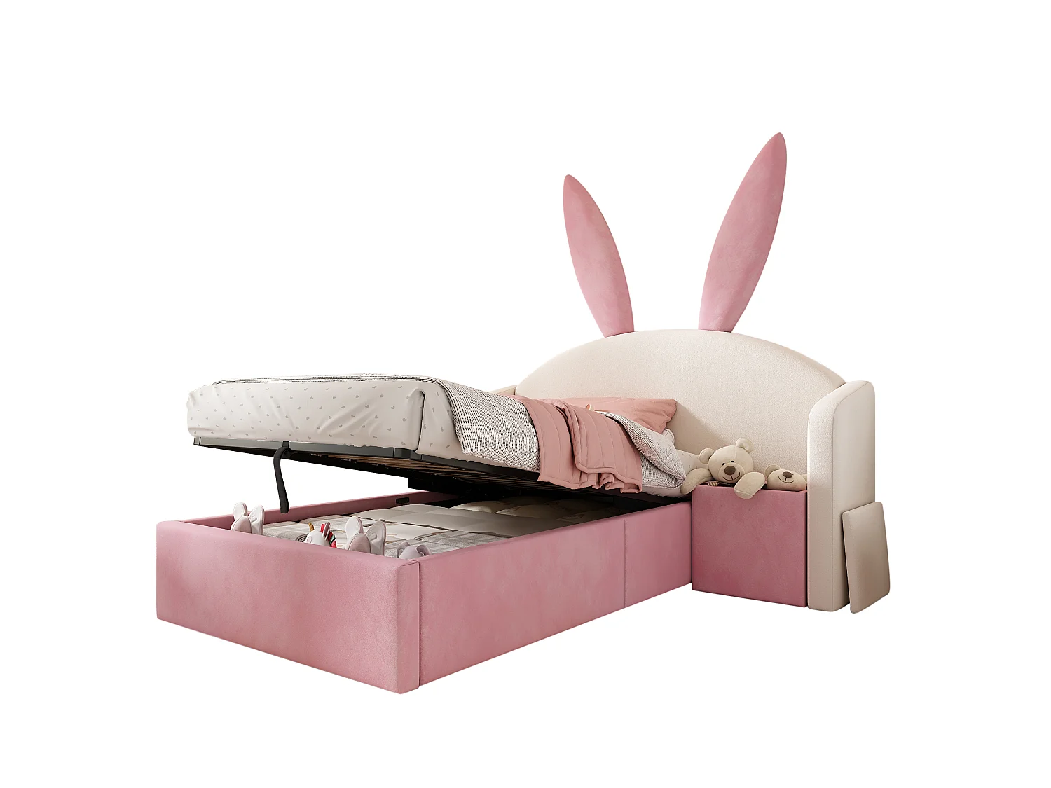 Upholstered storage bed 90x190 cm - with bedside table - rabbit ear headboard - velvet - pink + beige (without mattress)