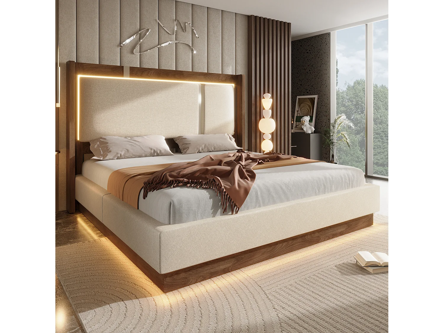 Polsterbett mit Bettkasten 140x200 cm - mit LED-Leuchten - mit Lattenrost - Leinenstoff - Beige und Nussbaumholz (ohne Matratze)