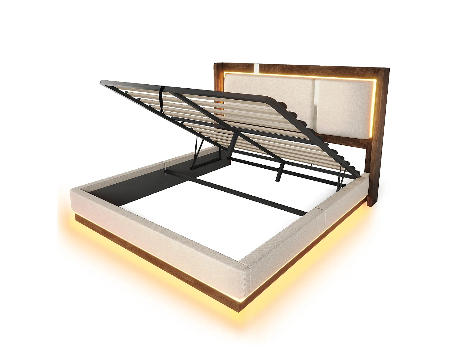 Polsterbett mit Bettkasten 140x200 cm - mit LED-Leuchten - mit Lattenrost - Leinenstoff - Beige und Nussbaumholz (ohne Matratze)
