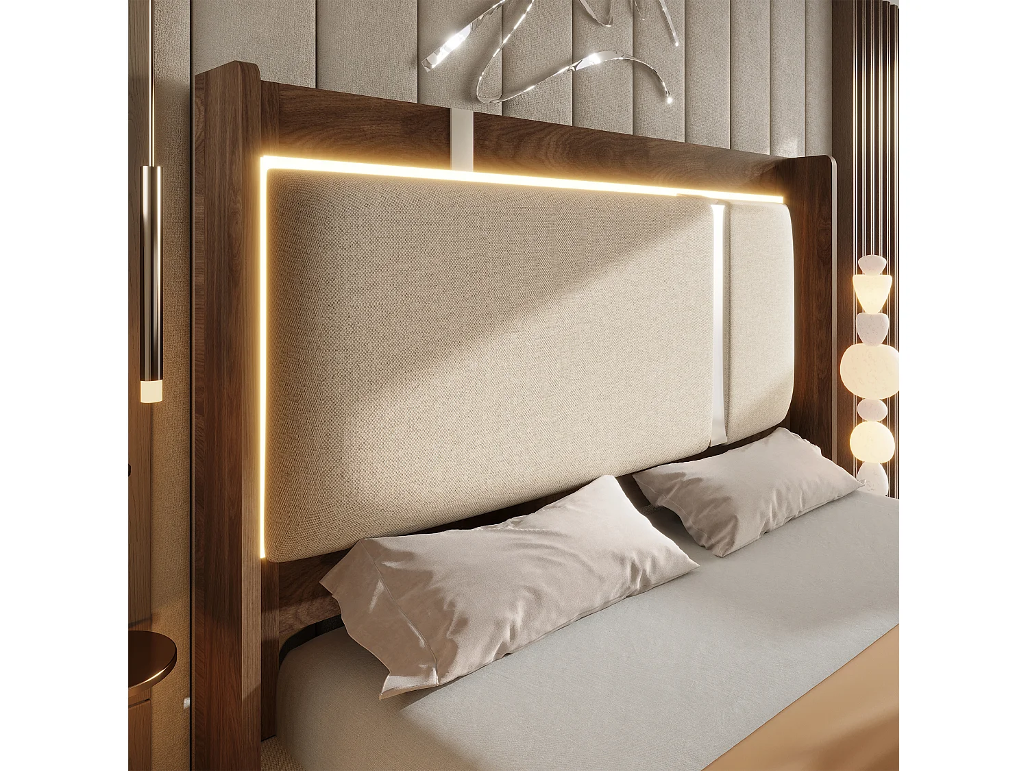 Polsterbett mit Bettkasten 160x200 cm - mit LED-Leuchten - mit Lattenrost - Leinenstoff - Beige und Nussbaumholz (ohne Matratze)