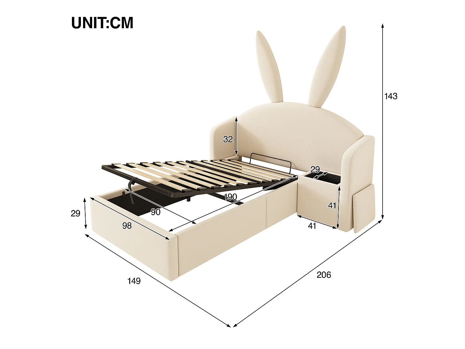 Upholstered storage bed 90x190 cm - with bedside table - rabbit ear headboard - velvet - beige (without mattress)