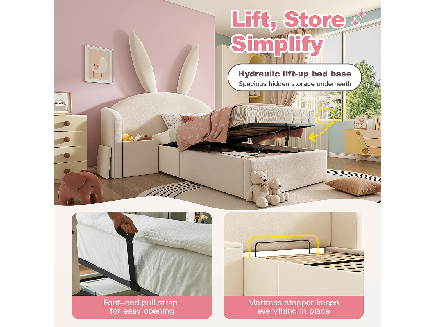 Upholstered storage bed 90x190 cm - with bedside table - rabbit ear headboard - velvet - beige (without mattress)