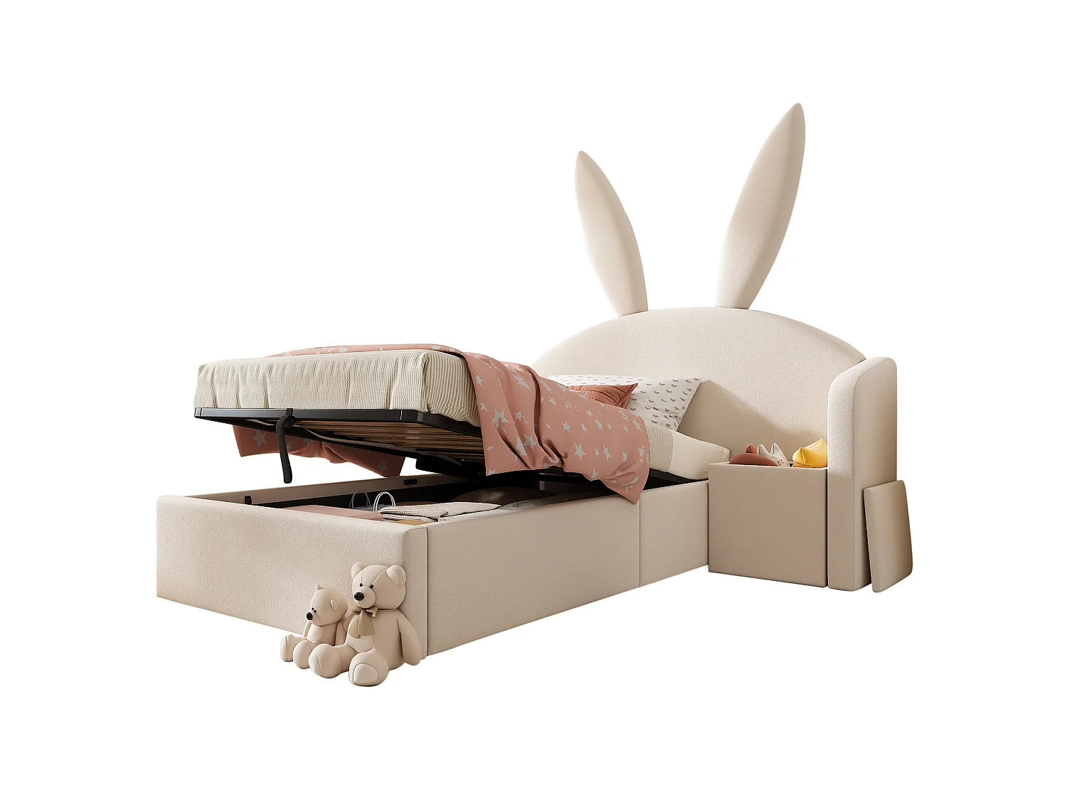 Upholstered storage bed 90x190 cm - with bedside table - rabbit ear headboard - velvet - beige (without mattress)