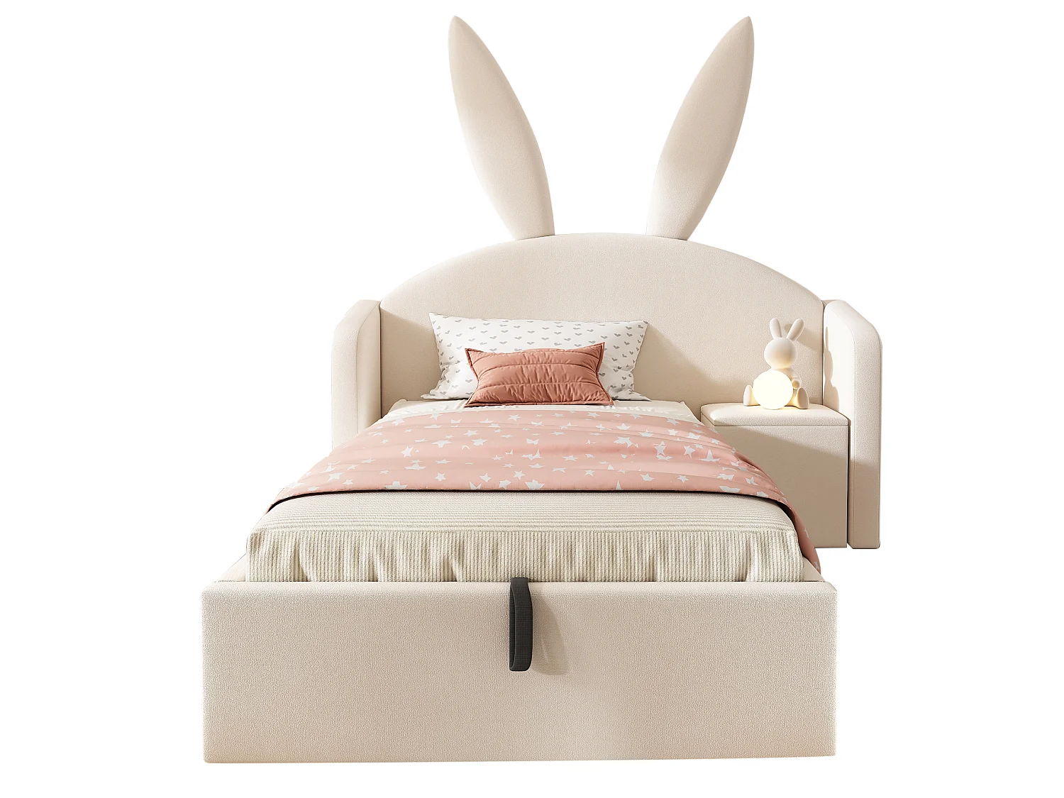 Upholstered storage bed 90x190 cm - with bedside table - rabbit ear headboard - velvet - beige (without mattress)