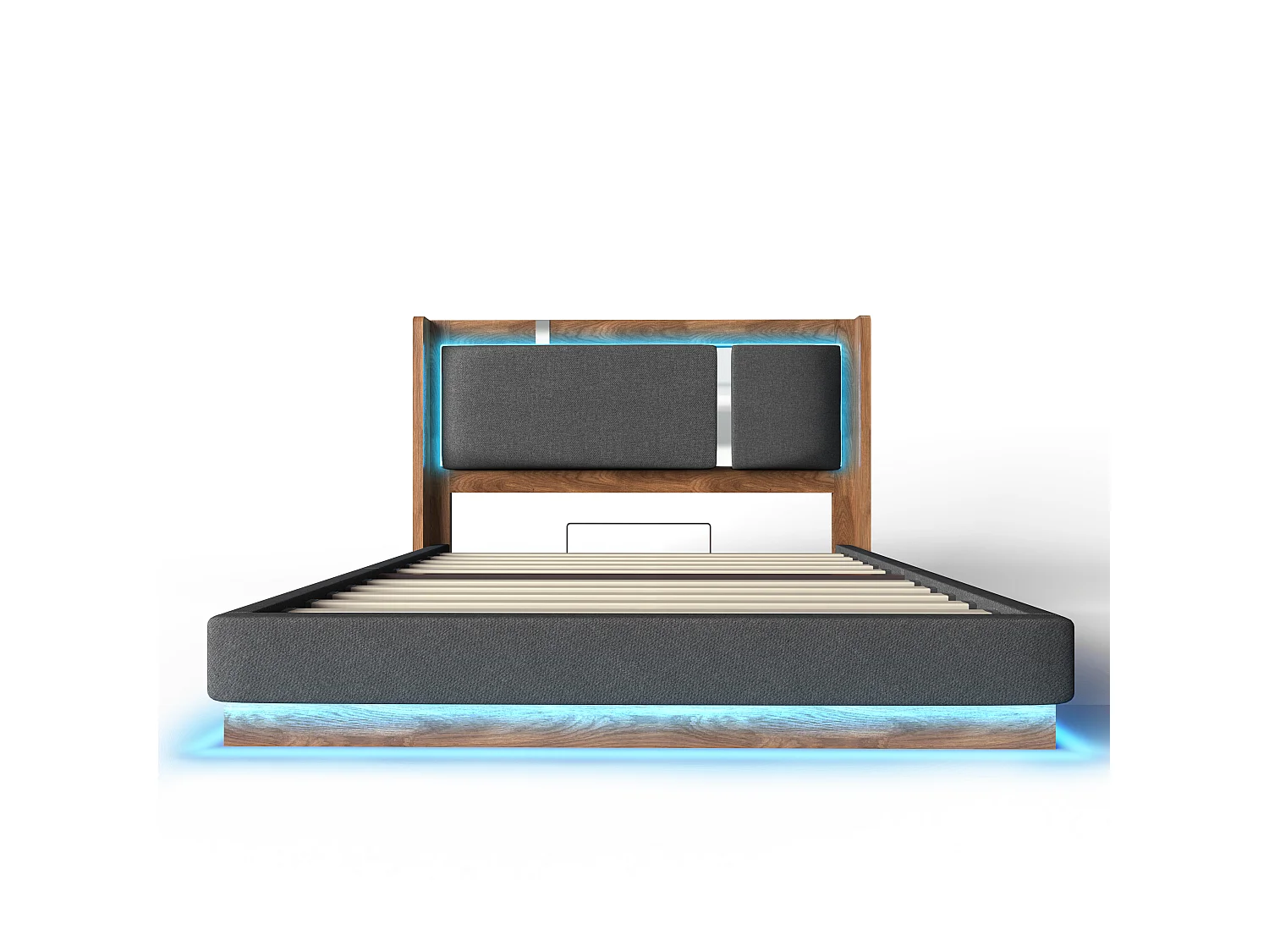 Lit coffre rembourré 140x190cm - avec lumières LED - avec sommier à lattes - tissu de lin - gris et bois de noyer (sans matelas)