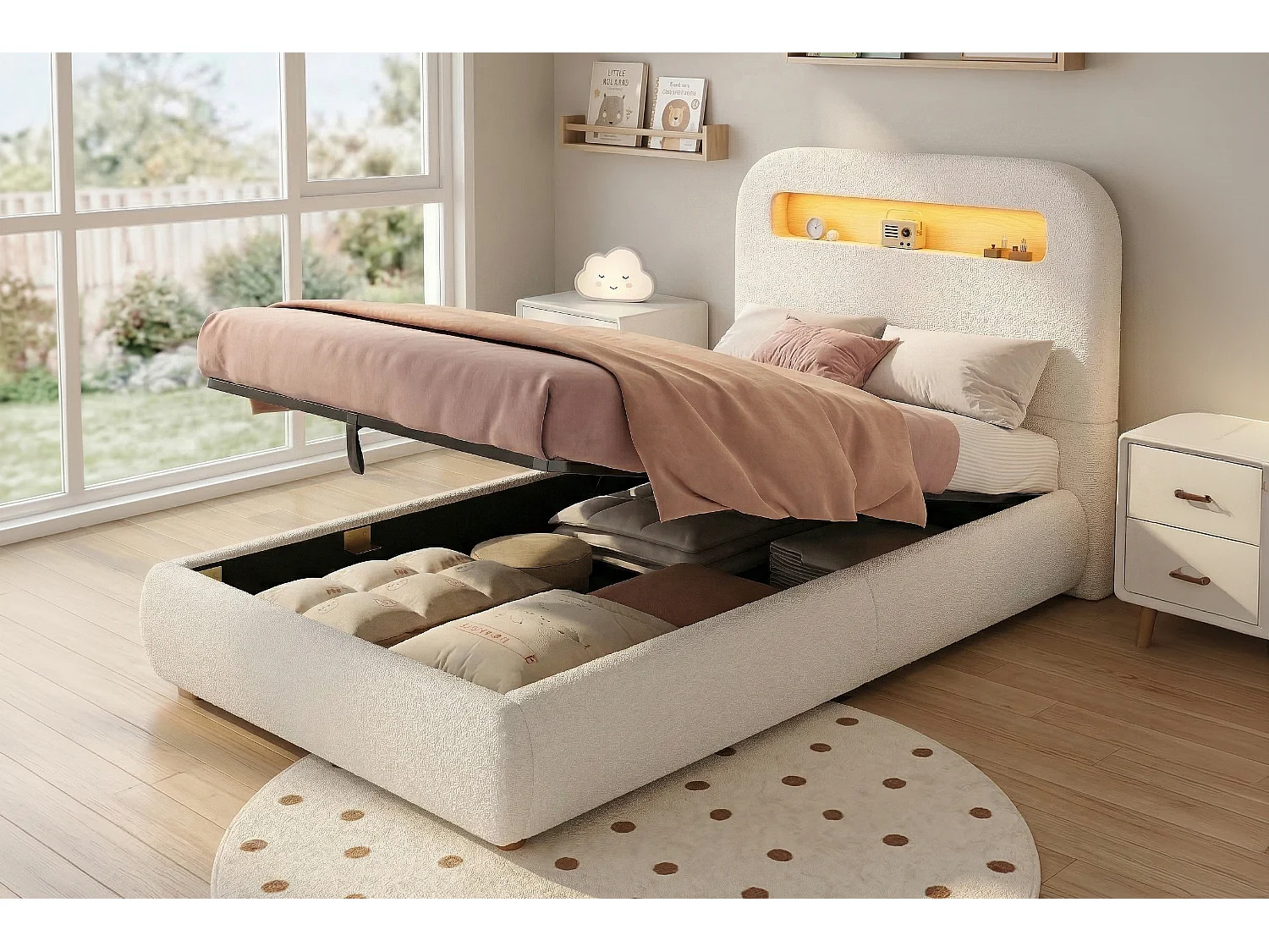 Lit coffre enfant 90 x 200 cm avec rangement et LED - Blanc tissu bouclé