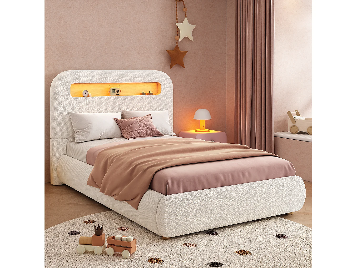 Lit coffre enfant 90 x 200 cm avec rangement et LED - Blanc tissu bouclé