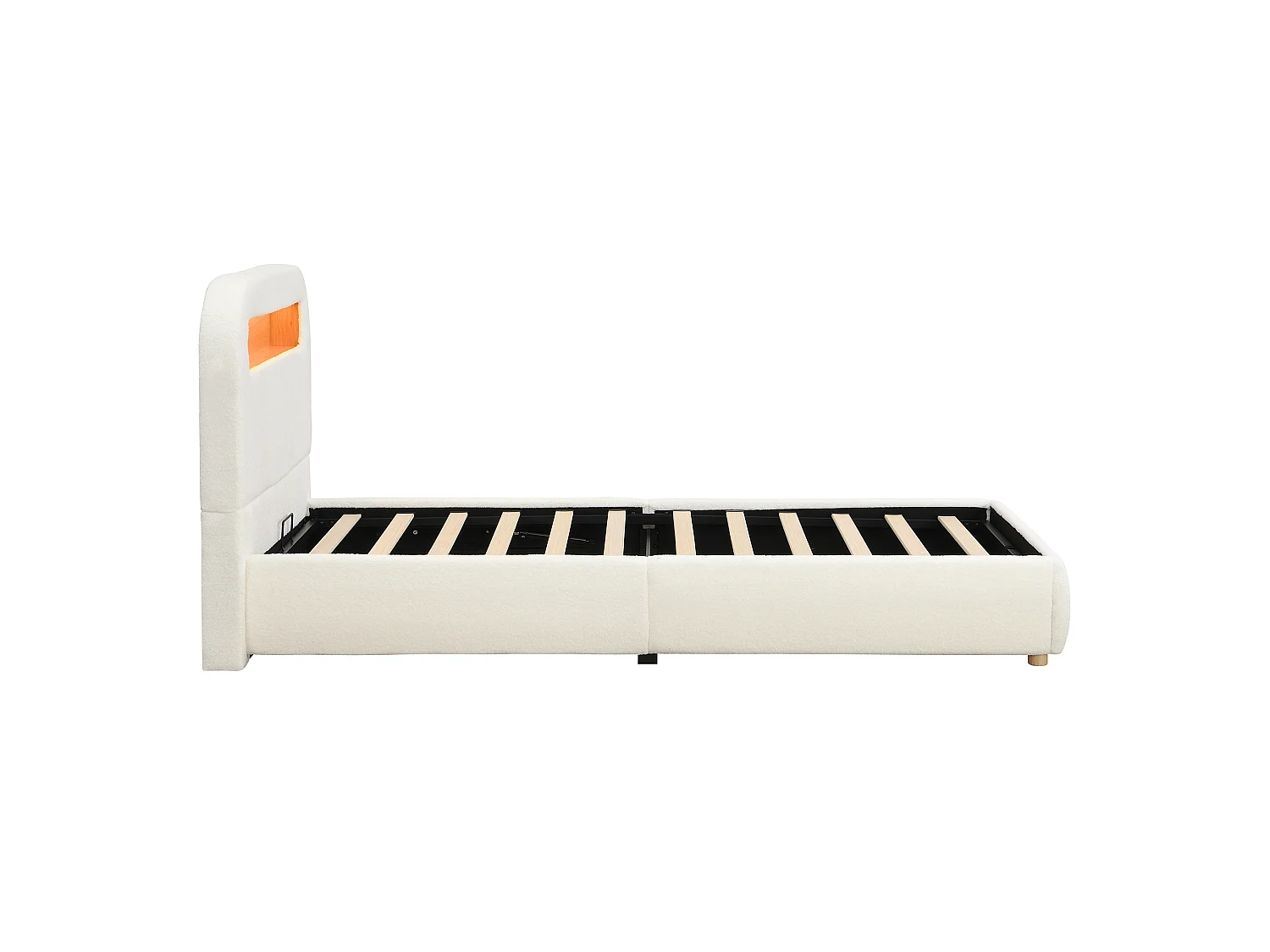 Lit coffre enfant 90 x 200 cm avec rangement et LED - Blanc tissu bouclé