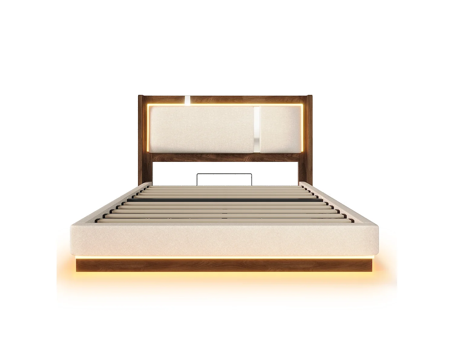 Lit coffre rembourré 140x190cm - avec lumières LED - avec sommier à lattes - tissu de lin - beige et bois de noyer (sans matelas)