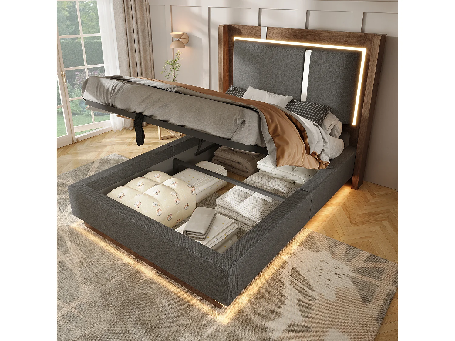 Polsterbett mit Bettkasten 90x200 cm - mit LED-Leuchten - mit Lattenrost - Leinenstoff - Grau und Nussbaumholz (ohne Matratze)