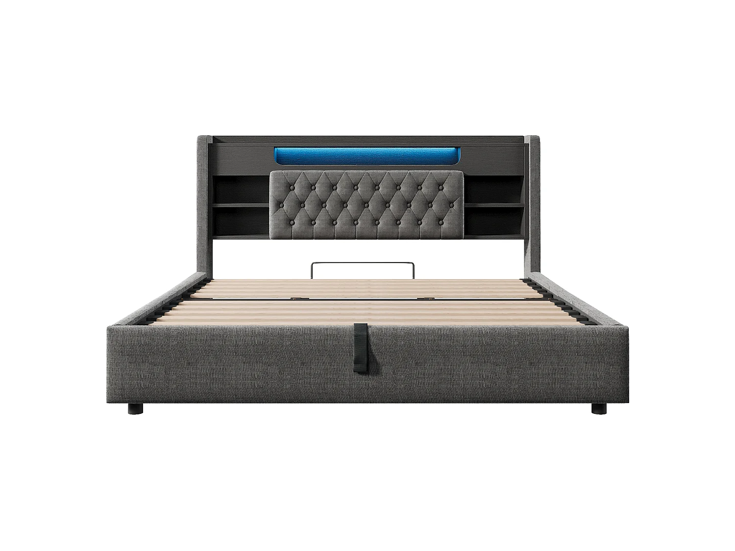 Lit coffre rembourré 180x200cm - avec LED - avec chargement USB/Type-C - tête de lit avec rangement - tissu de lin - Gris (sans matelas)