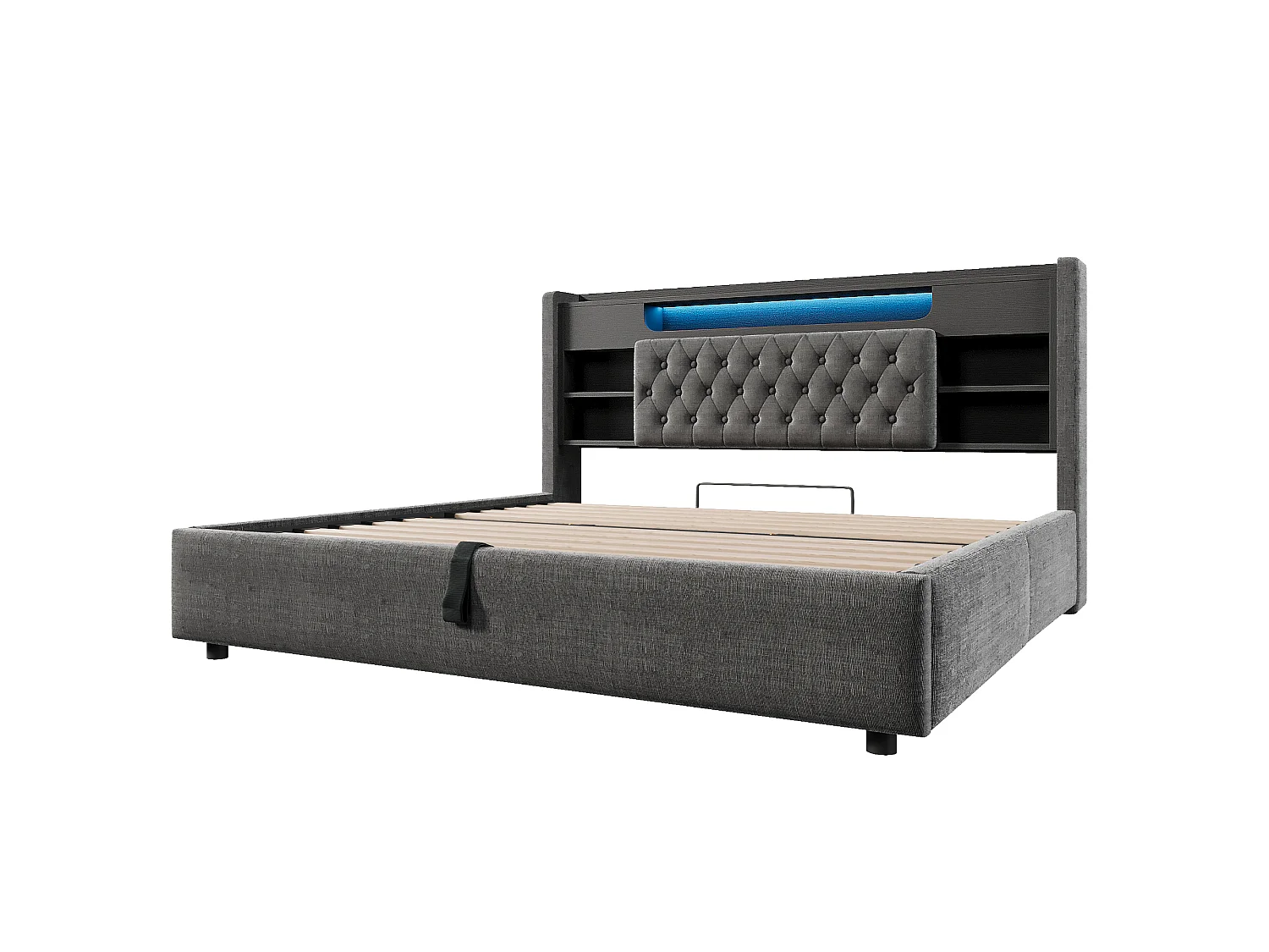 Lit coffre rembourré 180x200cm - avec LED - avec chargement USB/Type-C - tête de lit avec rangement - tissu de lin - Gris (sans matelas)