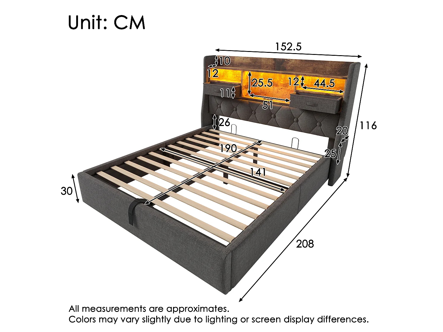 Lit coffre rembourré 140x190cm - avec LED - avec 4 prises de charge (USB/Type-C) - tête de lit avec rangement - lin - Gris (sans matelas)
