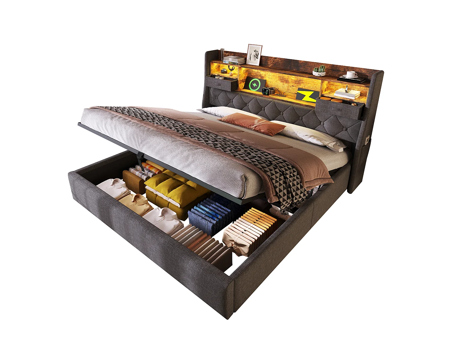 Lit coffre rembourré 140x190cm - avec LED - avec 4 prises de charge (USB/Type-C) - tête de lit avec rangement - lin - Gris (sans matelas)