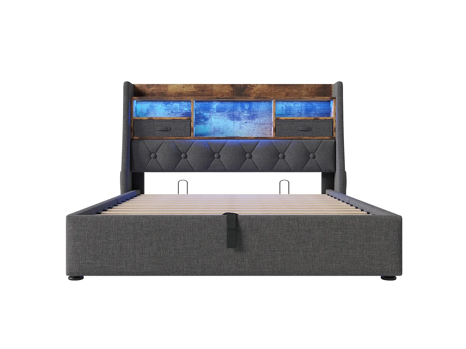 Lit coffre rembourré 140x190cm - avec LED - avec 4 prises de charge (USB/Type-C) - tête de lit avec rangement - lin - Gris (sans matelas)