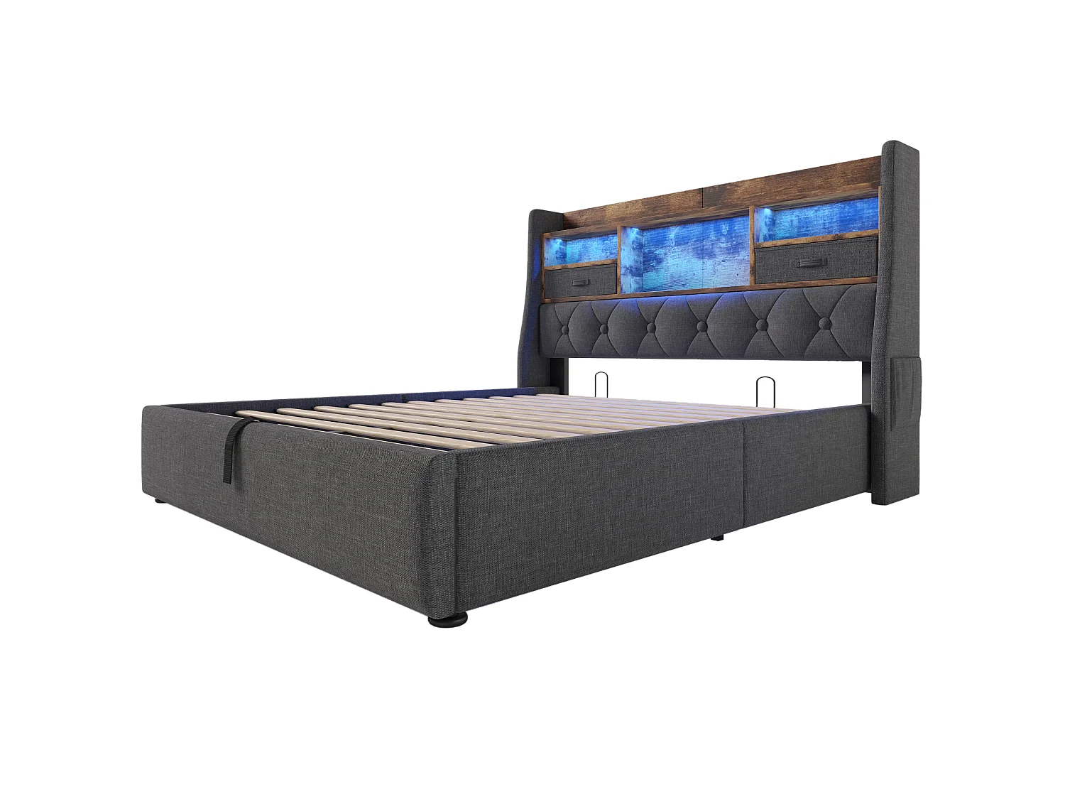 Lit coffre rembourré 140x190cm - avec LED - avec 4 prises de charge (USB/Type-C) - tête de lit avec rangement - lin - Gris (sans matelas)
