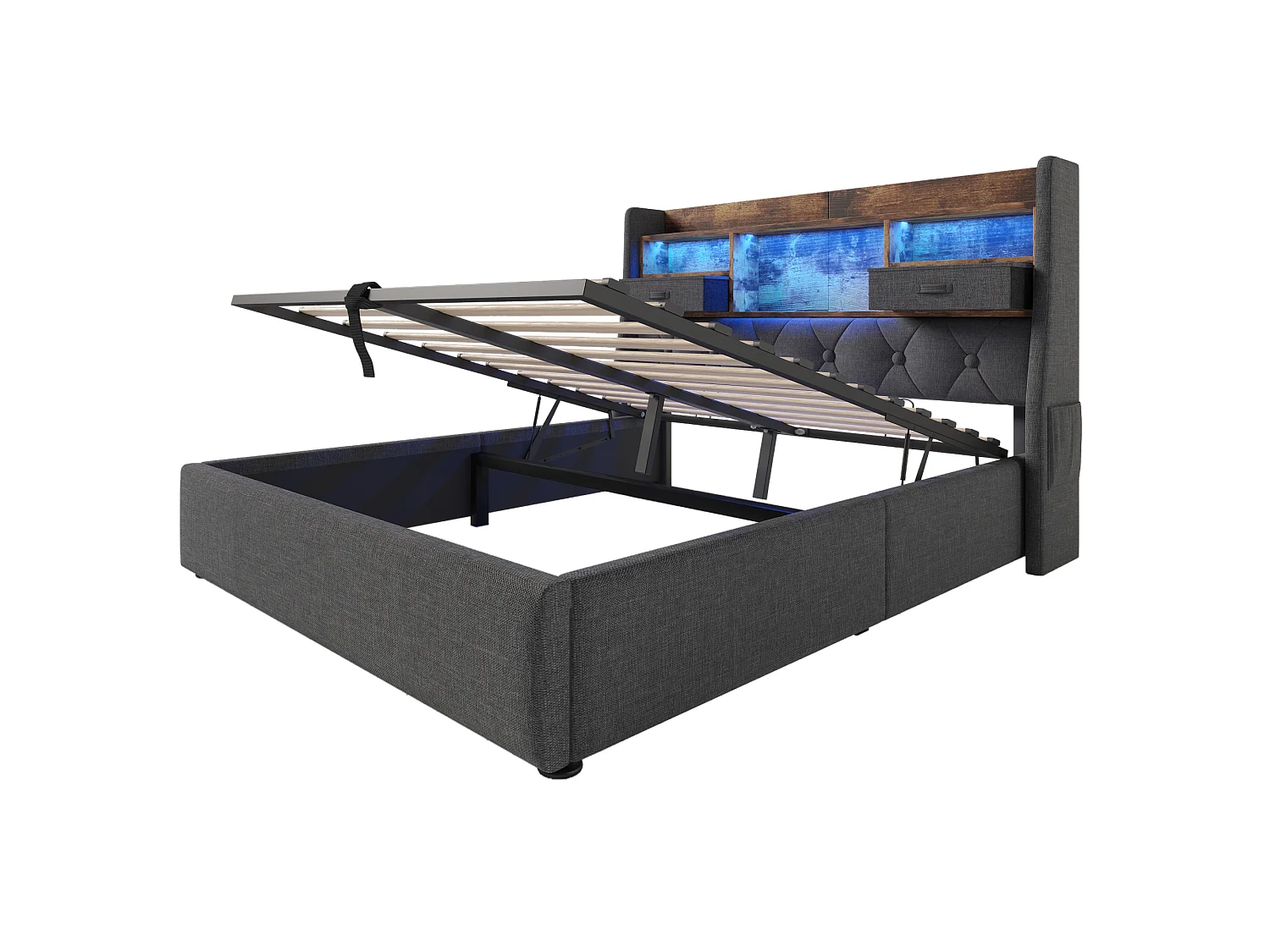 Lit coffre rembourré 140x190cm - avec LED - avec 4 prises de charge (USB/Type-C) - tête de lit avec rangement - lin - Gris (sans matelas)