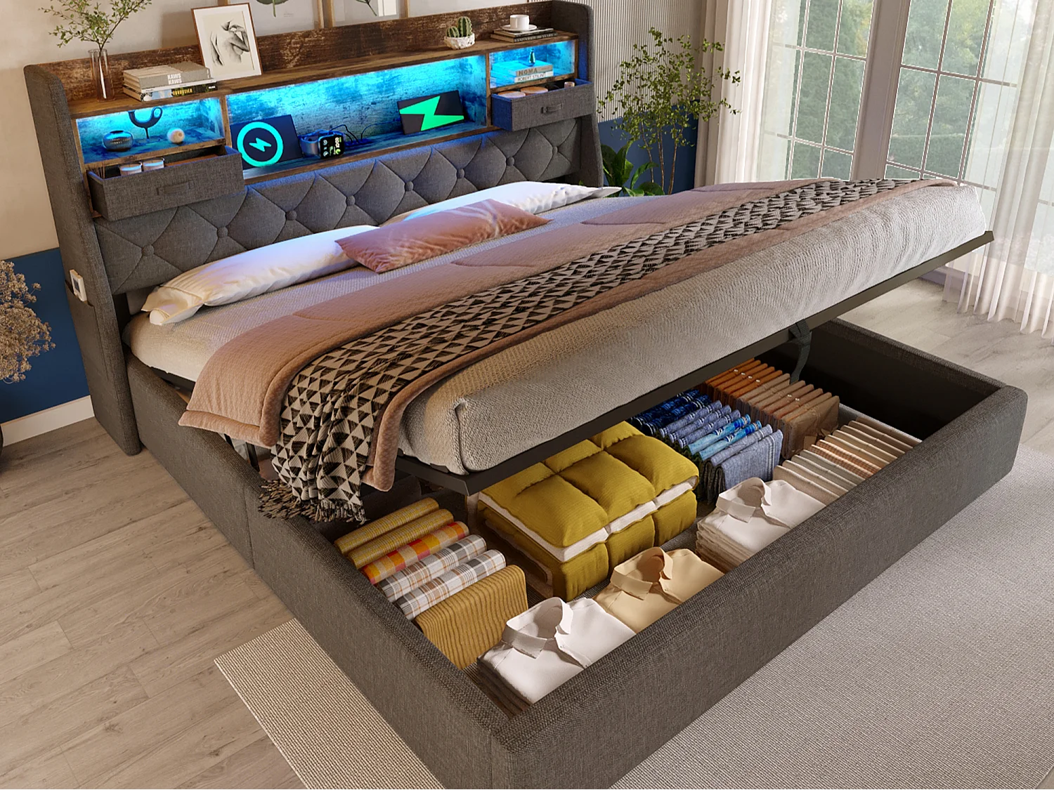 Lit coffre rembourré 140x190cm - avec LED - avec 4 prises de charge (USB/Type-C) - tête de lit avec rangement - lin - Gris (sans matelas)