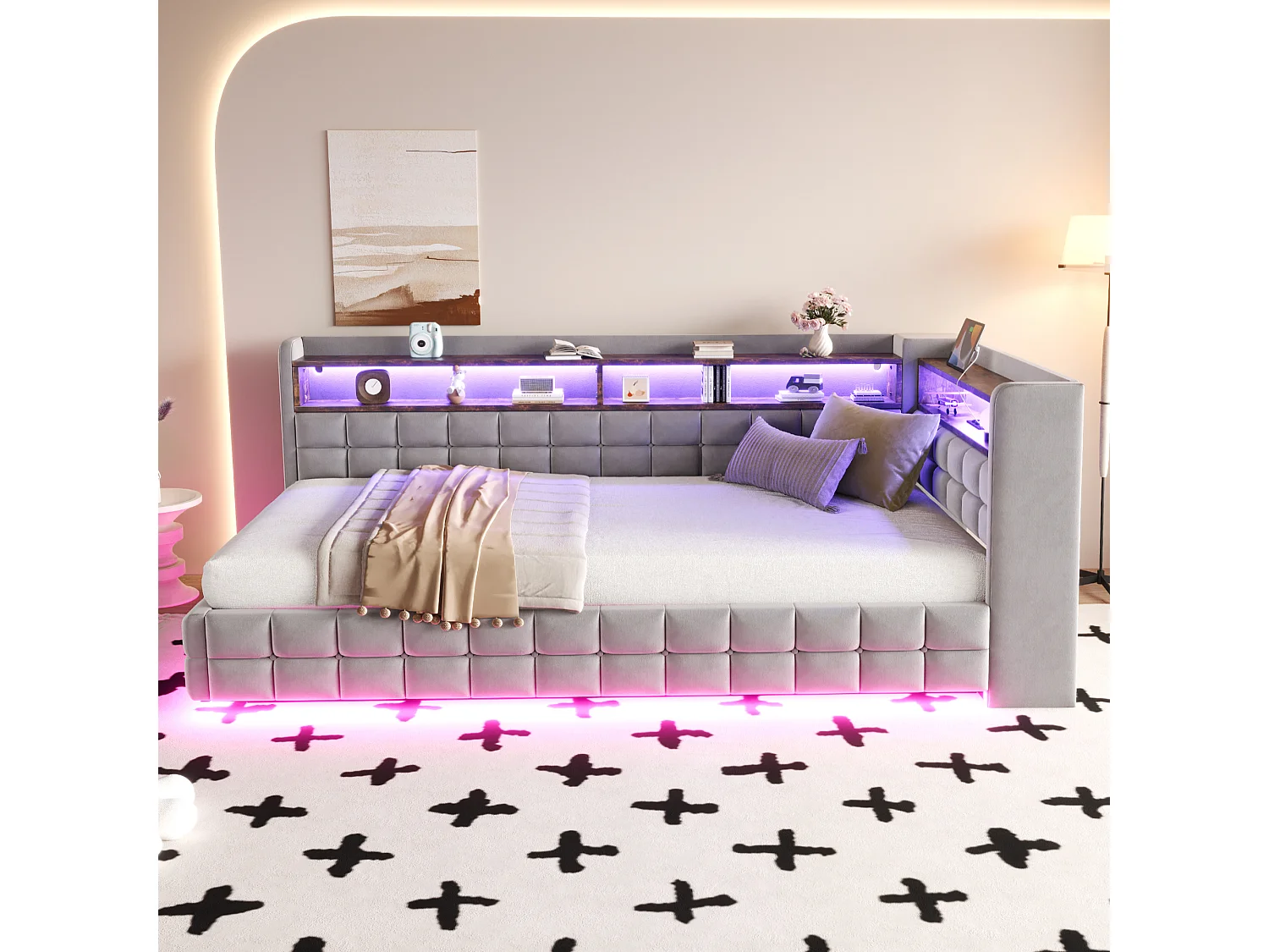 Upholstered Storage Daybed 90 x 200 cm - with LED - with Power Outlet - with USB + Type-C Charging Ports - Grey (mattress not included)