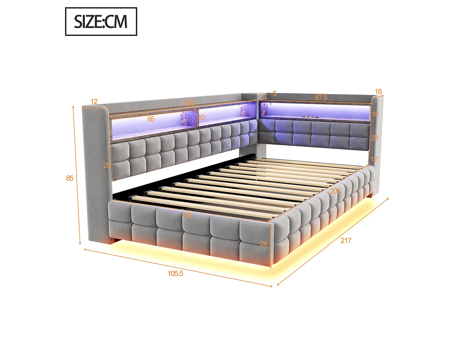 Upholstered Storage Daybed 90 x 200 cm - with LED - with Power Outlet - with USB + Type-C Charging Ports - Grey (mattress not included)