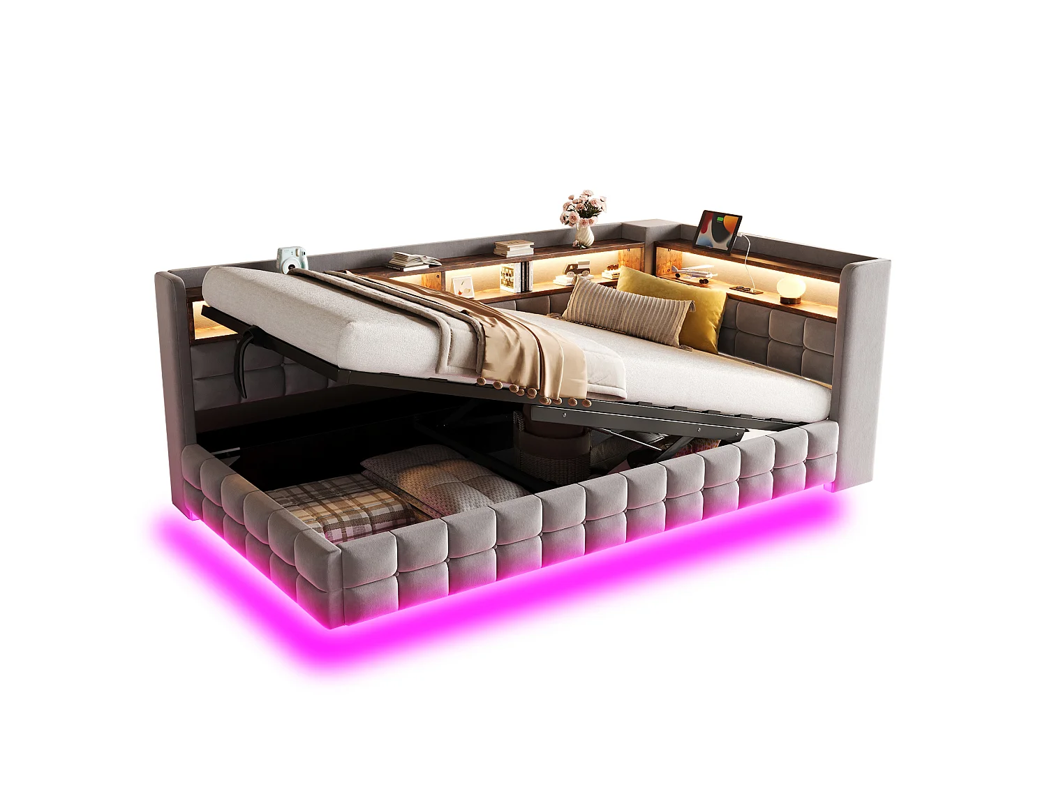 Upholstered Storage Daybed 90 x 200 cm - with LED - with Power Outlet - with USB + Type-C Charging Ports - Grey (mattress not included)